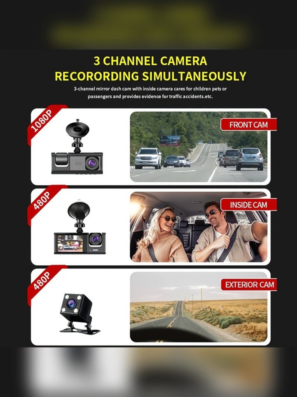 3 Channel Dash Cames Front And Rear Inside,1080P Dash Cam IR Night Vision, Loop